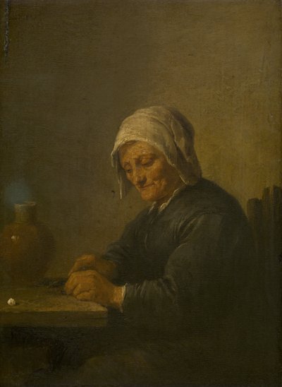 Oude vrouw die tabak snijdt door David Teniers the Younger